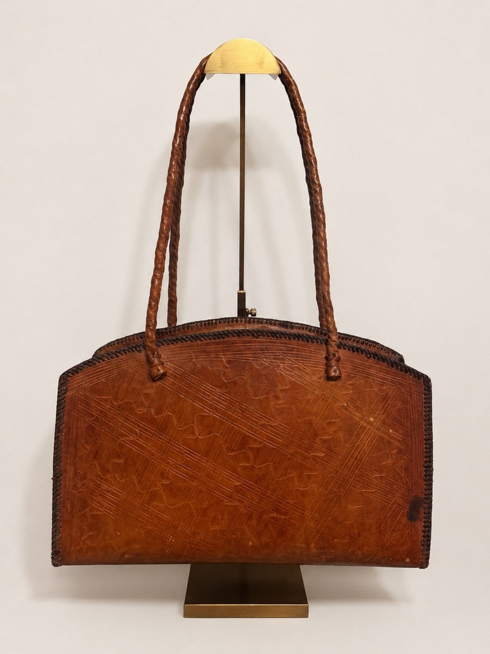 Vintage Tooled Leather Structured Handbag Brown Top Handle Bag